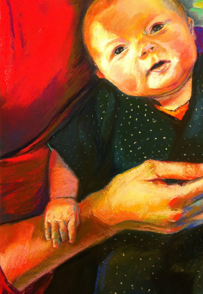 Baby and hands. Pastel on paper.