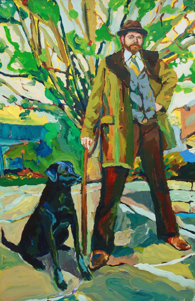 Fancy man with a cane and an even fancier dog.  Acrylic on board.