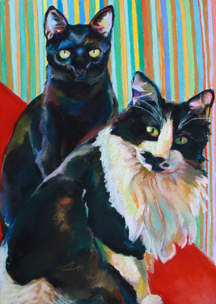Two slightly unsettling cats with stripes.  Pastel on paper.