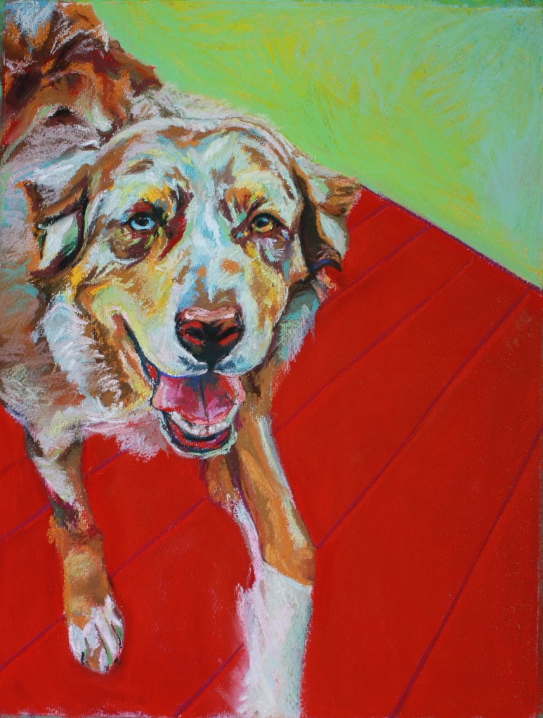 Happy shepherd prancing.  Pastel on paper.