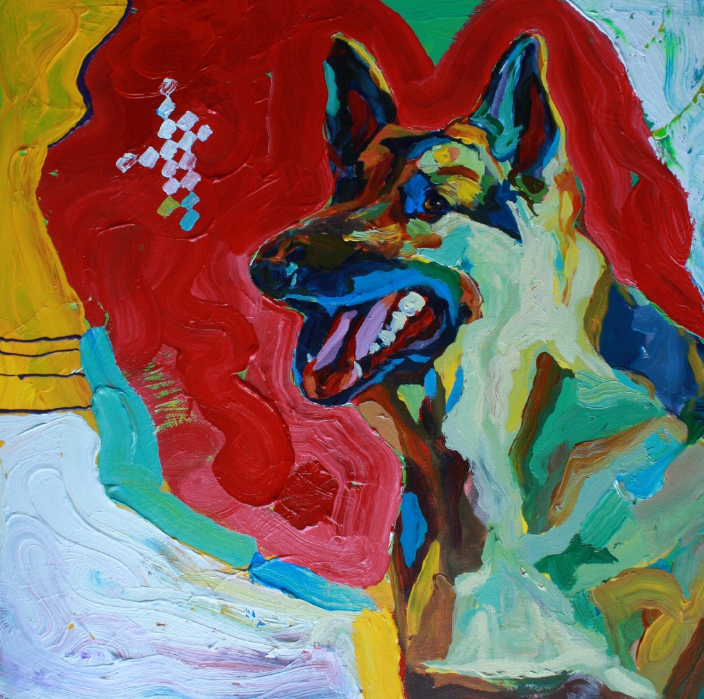Happy dog loves attention. Acrylic on canvas.