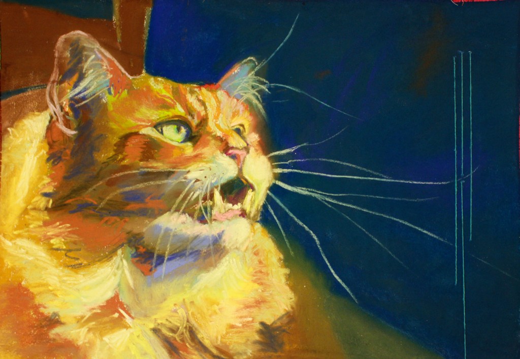Large cat with large whiskers and large green eyes and large teeth. Pastel and thread on paper.