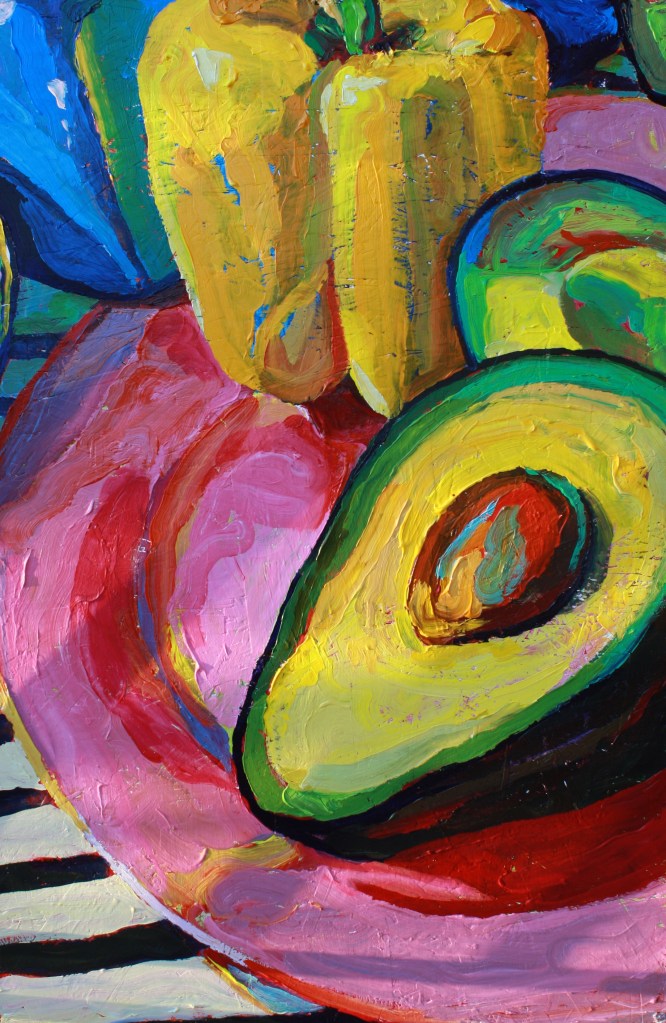Avocado and pepper on a plate on some stripes. Acrylic on board.
