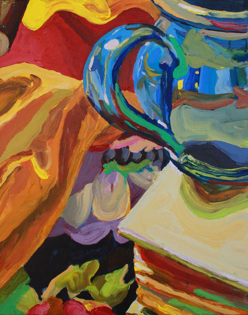 Mug on a book on a floral dress with some fabric and a weird birdhouse. Acrylic on canvas.