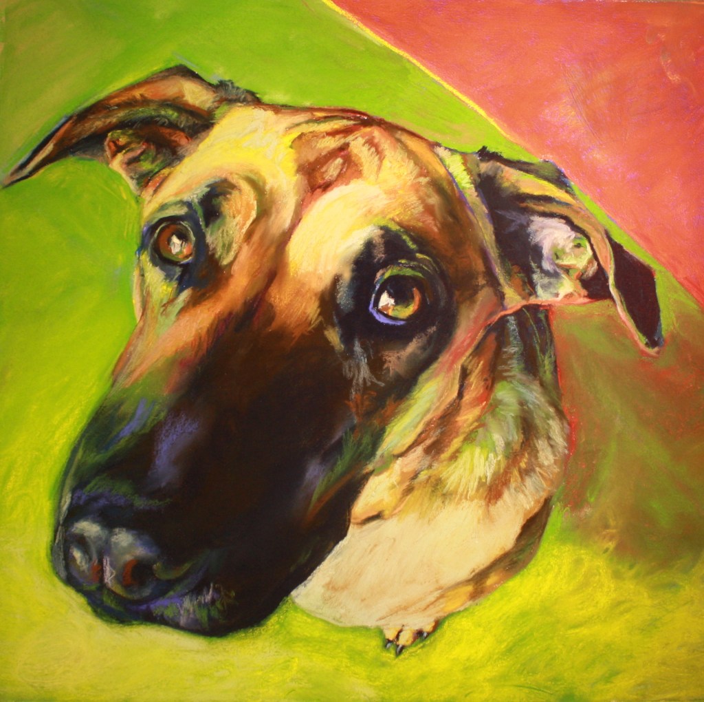 Large dog asking for something. Pastel on paper.