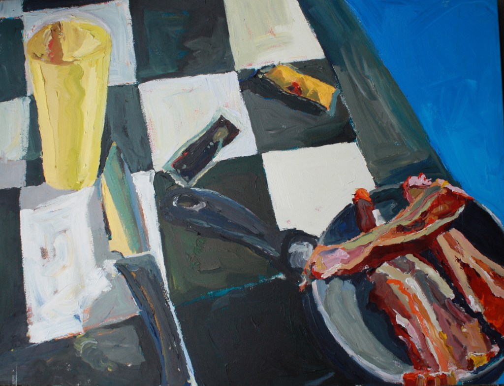 Raw bacon in a pan with a cup and a knife and some soy sauce.  Acrylic on canvas.