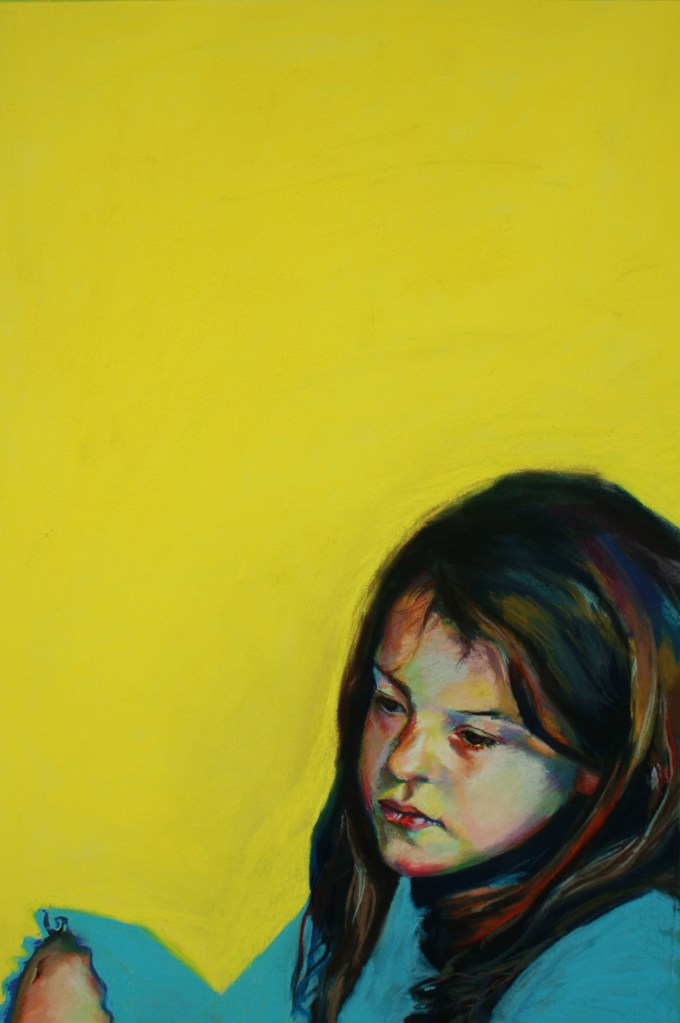 Young girl reflecting on scraped knee. Pastel on paper.