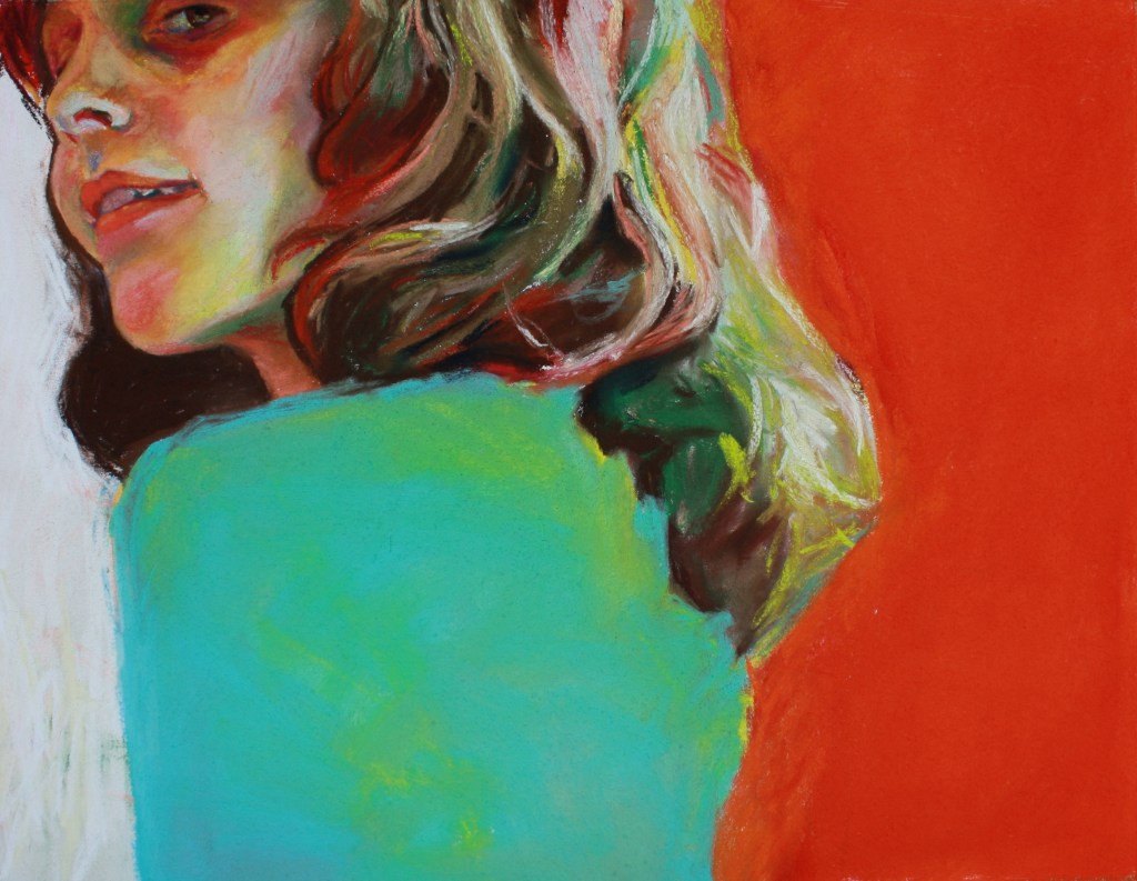 Sassy girl peering. Pastel on paper.