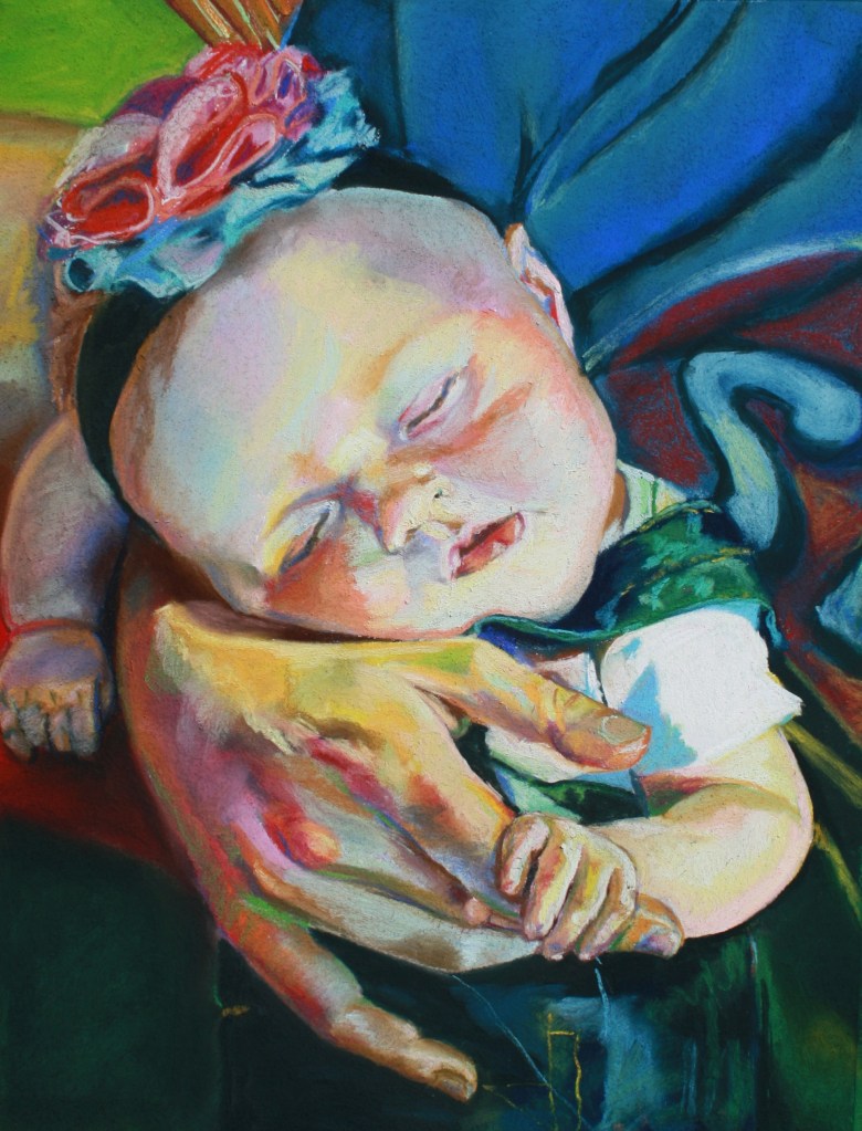 Cute baby having a nap in some hands. Pastel on paper.