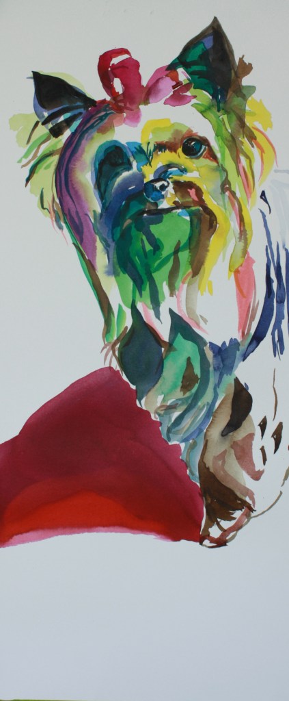 First dog with a bow.  Ink on paper.